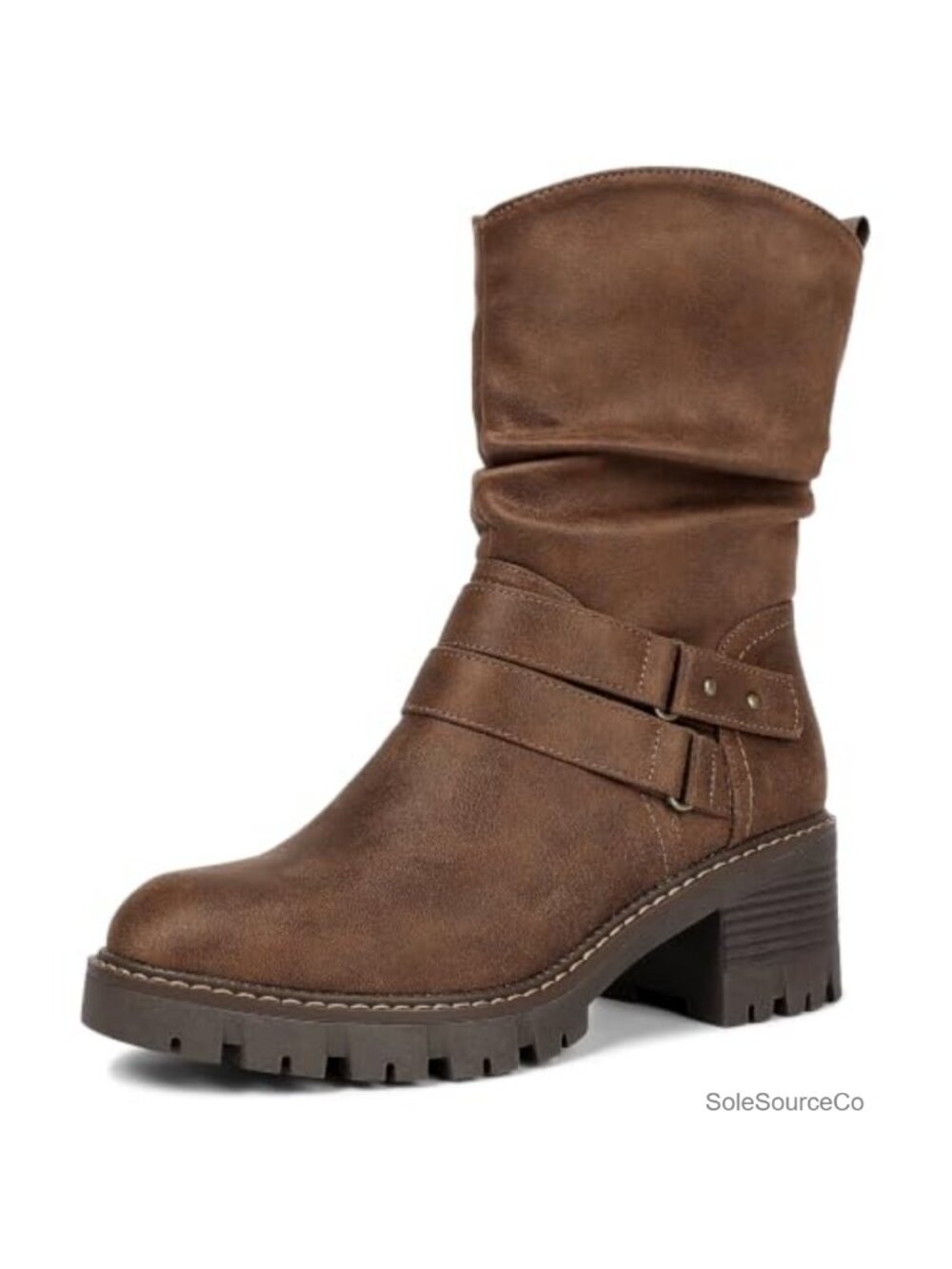 Faux Leather Mid-Calf Combat Boots Chunky Low Heel Side Zip